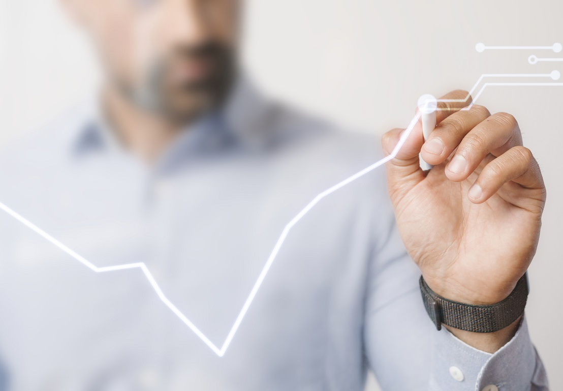 Man giving a business presentation using a futuristic digital pen